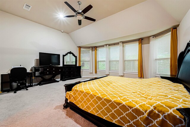 4723 Great Acre Ln, Fresno, TX 77545 - carpeted bedroom featuring visible vents, ceiling fan, and lofted ceiling