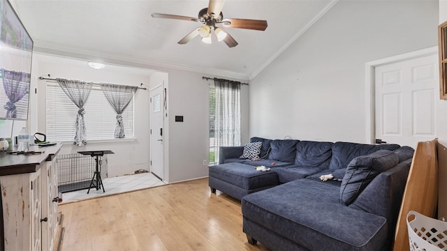 living area featuring crown molding, a ceiling fan, vaulted ceiling, and light wood-style flooring