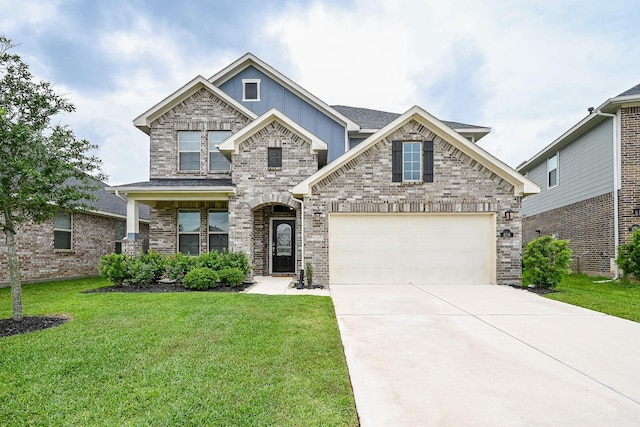 craftsman-style home with board and batten siding, an attached garage, concrete driveway, and a front lawn