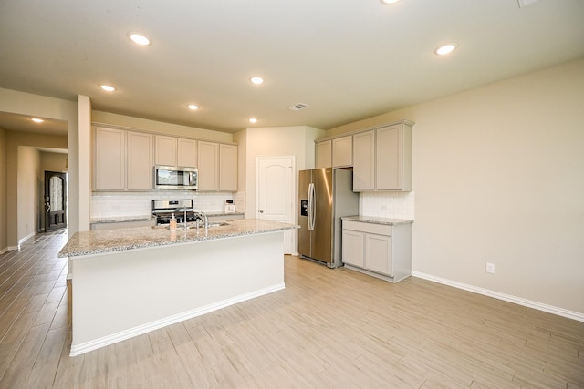 kitchen with decorative backsplash, appliances with stainless steel finishes, baseboards, light wood finished floors, and an island with sink