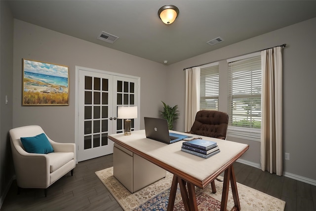 office area with french doors, dark wood finished floors, and visible vents