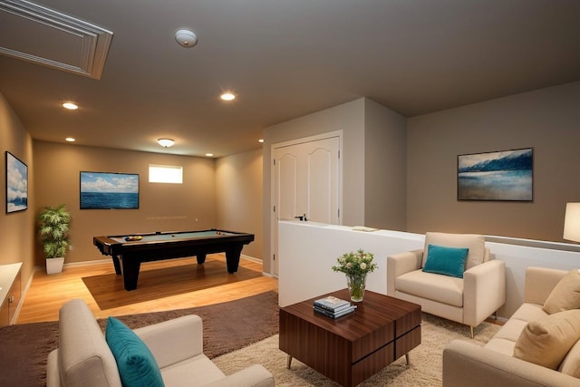 playroom featuring attic access, pool table, light wood-type flooring, baseboards, and recessed lighting