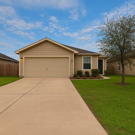 2093 Saras Way, Brookshire, TX 77423 - ranch-style house with an attached garage, fence, driveway, and a front lawn