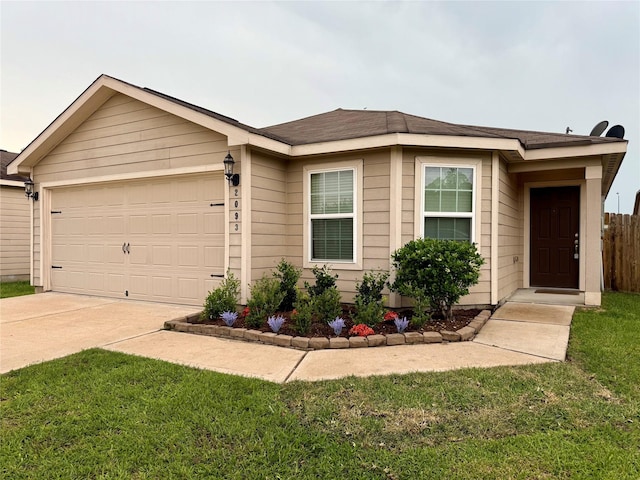 2093 Saras Way, Brookshire, TX 77423 - single story home with a garage, fence, driveway, and a front lawn