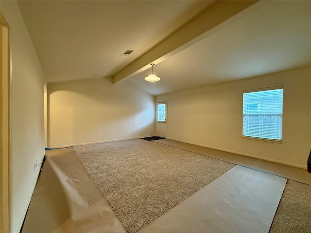 2093 Saras Way, Brookshire, TX 77423 - bonus room featuring carpet floors, baseboards, visible vents, and lofted ceiling with beams