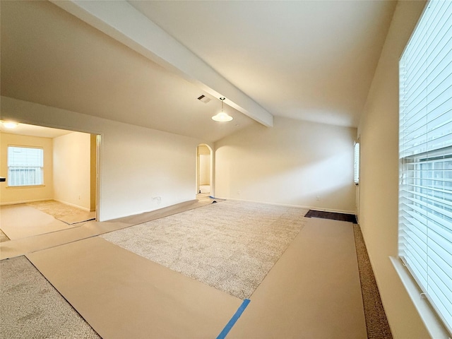2093 Saras Way, Brookshire, TX 77423 - bonus room with carpet flooring, arched walkways, baseboards, and vaulted ceiling with beams