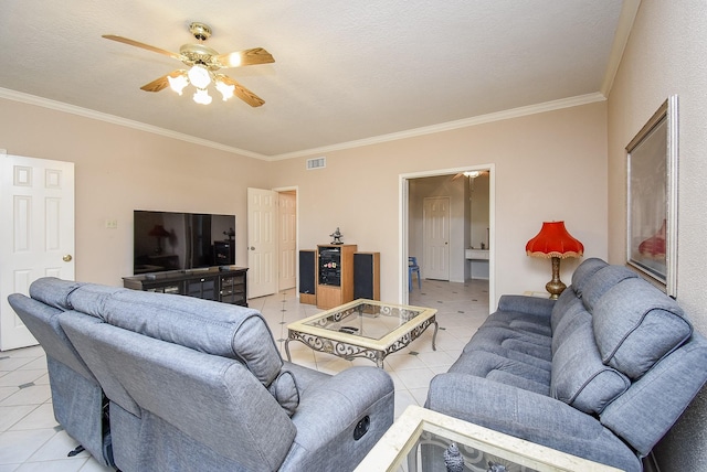 9706 Garden Row Dr, Sugar Land, TX 77498 - living area featuring ornamental molding, a ceiling fan, and light tile patterned flooring