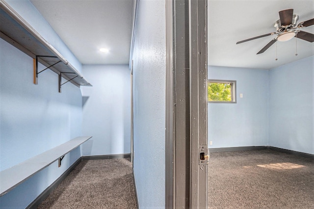 spacious closet with carpet floors and ceiling fan