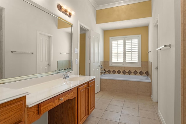 11406 Carson Ave, Pearland, TX 77584 - bathroom featuring crown molding, vanity, tile patterned flooring, and a bath