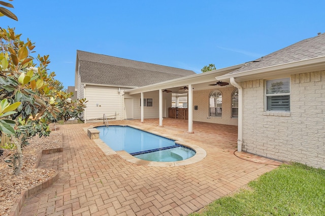 11406 Carson Ave, Pearland, TX 77584 - pool with a ceiling fan, a patio, and an in ground hot tub