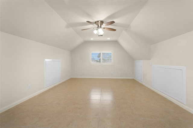 11406 Carson Ave, Pearland, TX 77584 - bonus room featuring a ceiling fan, recessed lighting, light tile patterned floors, lofted ceiling, and visible vents