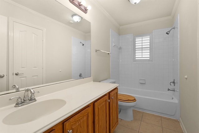 11406 Carson Ave, Pearland, TX 77584 - full bathroom featuring shower / bath combination, crown molding, tile patterned flooring, vanity, and toilet
