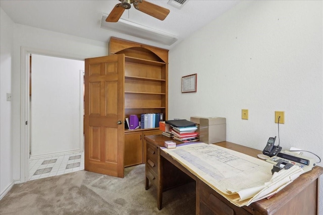 office area with ceiling fan and carpet flooring