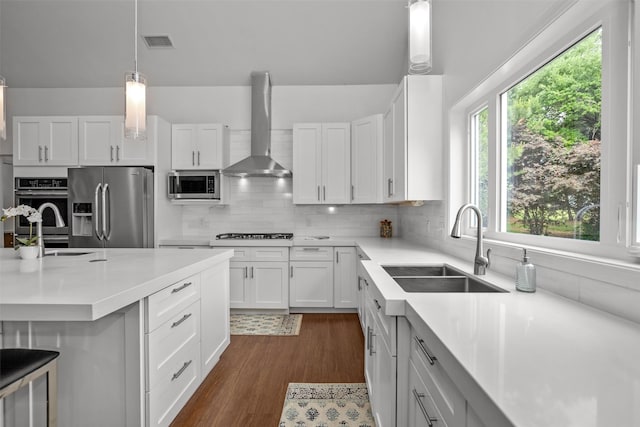 207 W Neyland St, Colmesneil, TX 75938 - kitchen featuring visible vents, a sink, stainless steel appliances, wall chimney exhaust hood, and dark wood-type flooring