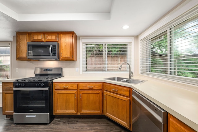 kitchen featuring a wealth of natural light, dark wood-style floors, appliances with stainless steel finishes, and a sink