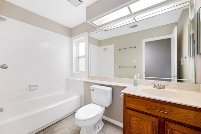 bathroom featuring toilet, shower / washtub combination, tile patterned floors, visible vents, and vanity