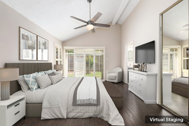 bedroom featuring multiple windows, dark wood-style flooring, and vaulted ceiling with beams