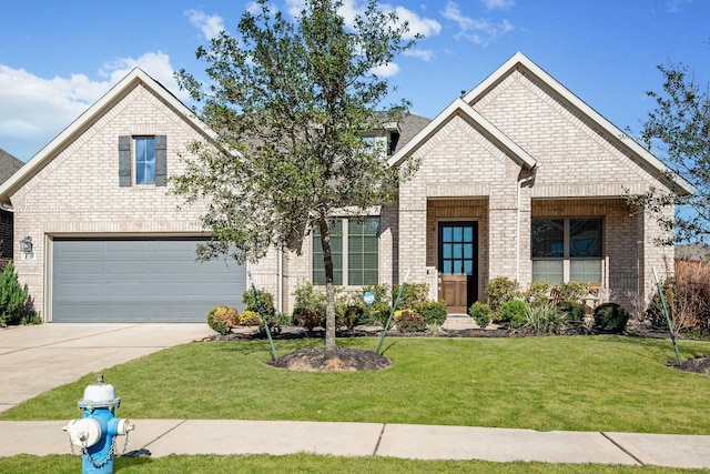 view of front of home featuring brick siding, concrete driveway, a front lawn, and an attached garage