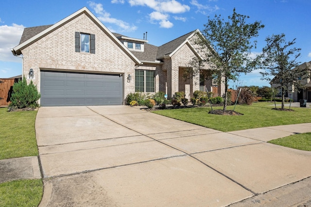 view of front of house with brick siding, driveway, a front lawn, and roof with shingles