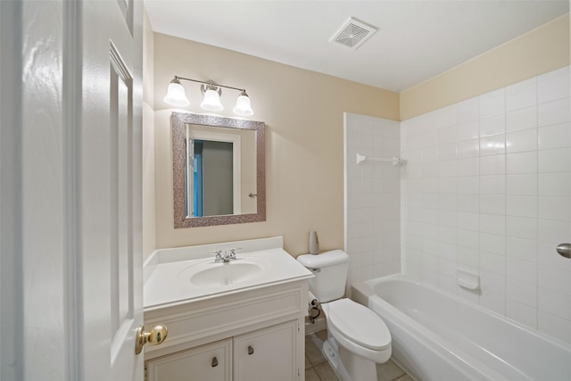 full bath featuring visible vents, vanity, toilet, washtub / shower combination, and tile patterned floors