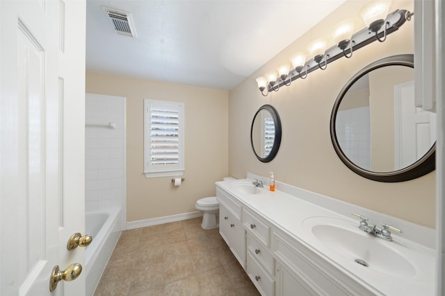 full bathroom with toilet, baseboards, visible vents, and a sink