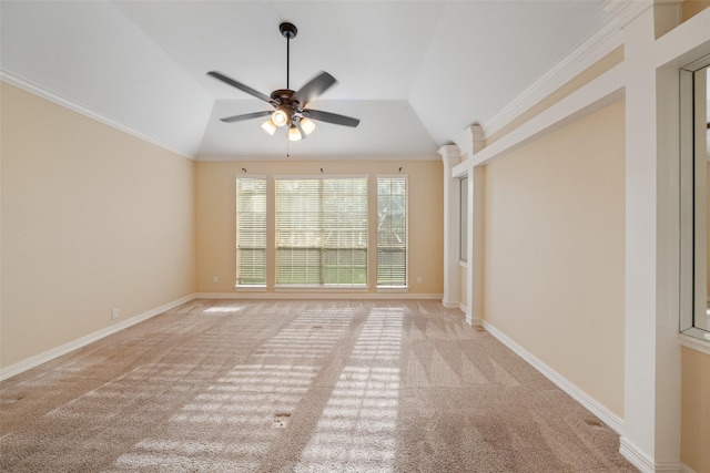 spare room with vaulted ceiling, light carpet, and a ceiling fan