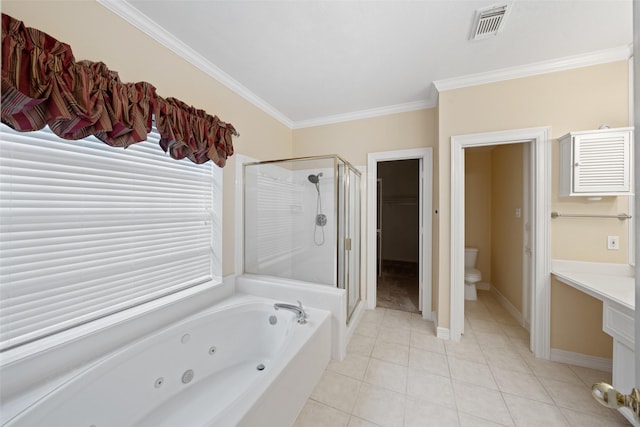 full bath featuring crown molding, tile patterned flooring, a jetted tub, visible vents, and a stall shower