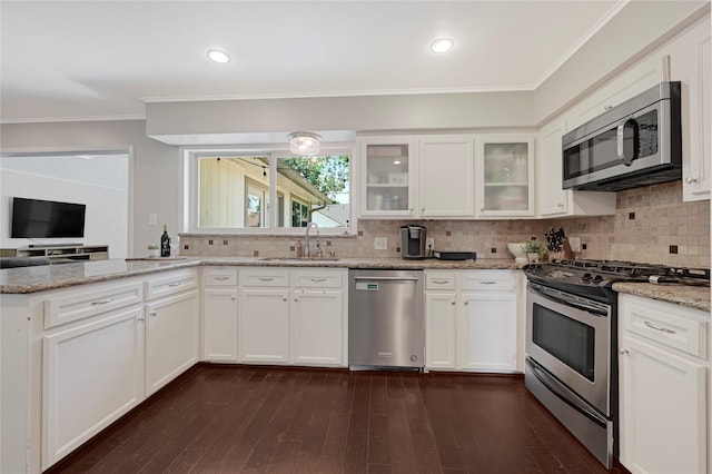 kitchen featuring a sink, dark wood-style flooring, decorative backsplash, and stainless steel appliances