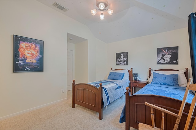bedroom with a ceiling fan, light colored carpet, visible vents, baseboards, and lofted ceiling