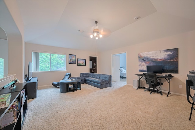 living area with baseboards, arched walkways, carpet, and ceiling fan