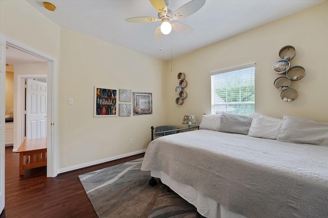 bedroom featuring baseboards, ceiling fan, and dark wood-style floors