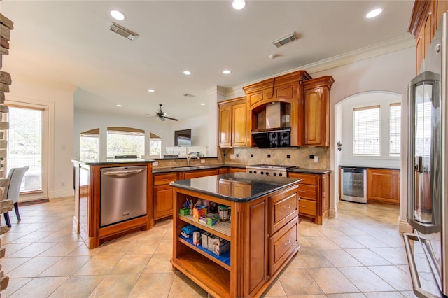 kitchen with open shelves, a sink, beverage cooler, stainless steel appliances, and ornamental molding