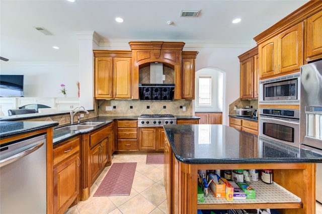 kitchen with a sink, open shelves, stainless steel appliances, and visible vents