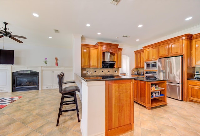 kitchen featuring decorative backsplash, visible vents, crown molding, appliances with stainless steel finishes, and open shelves
