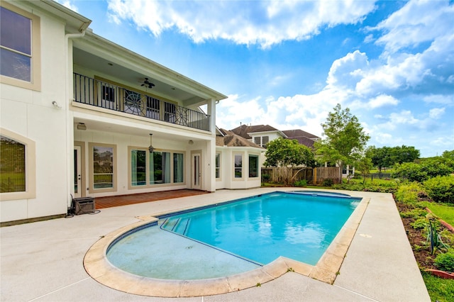 view of pool featuring a fenced in pool, ceiling fan, a patio area, and fence