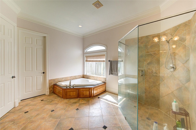 full bath with crown molding, tile patterned floors, recessed lighting, a bath, and a stall shower