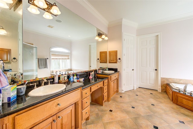full bathroom with a garden tub, crown molding, tile patterned flooring, a shower stall, and vanity