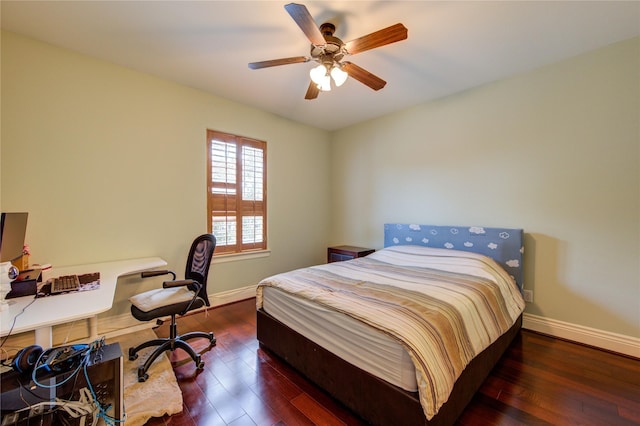 bedroom featuring wood-type flooring, baseboards, and ceiling fan