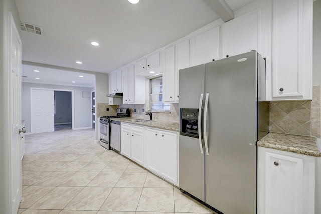 kitchen featuring decorative backsplash, stainless steel appliances, recessed lighting, and white cabinetry