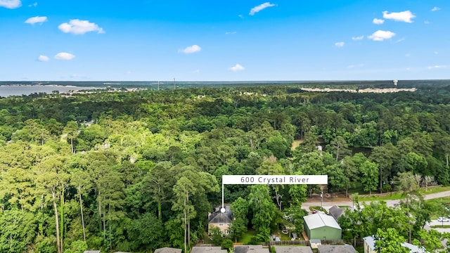 drone / aerial view featuring a water view and a wooded view