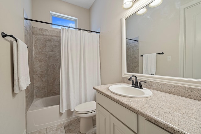 full bathroom with vanity, shower / bathtub combination with curtain, tile patterned floors, and toilet