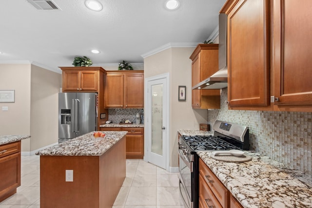 19486 Humaya Dr, Porter, TX 77365 - kitchen featuring crown molding, decorative backsplash, baseboards, brown cabinets, and appliances with stainless steel finishes