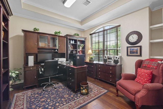 19486 Humaya Dr, Porter, TX 77365 - office area featuring crown molding, a tray ceiling, dark wood finished floors, and visible vents