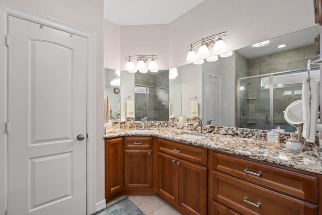 19486 Humaya Dr, Porter, TX 77365 - full bathroom featuring vanity, tile patterned flooring, and a stall shower