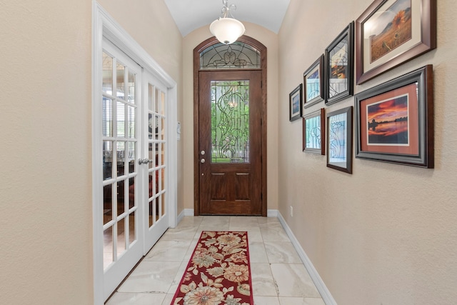 19486 Humaya Dr, Porter, TX 77365 - entryway with french doors, baseboards, and vaulted ceiling