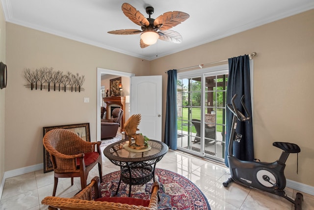 19486 Humaya Dr, Porter, TX 77365 - sitting room with crown molding, baseboards, ceiling fan, and light tile patterned floors