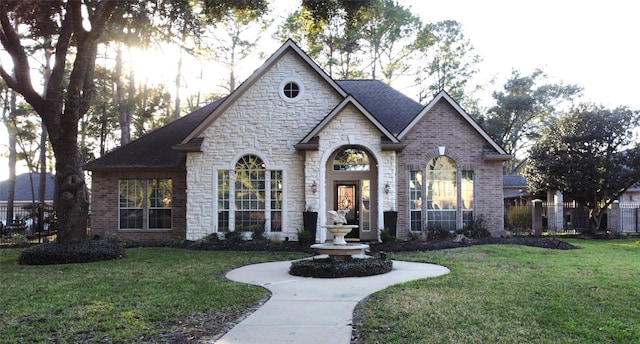 french country inspired facade featuring brick siding, fence, stone siding, and a front lawn