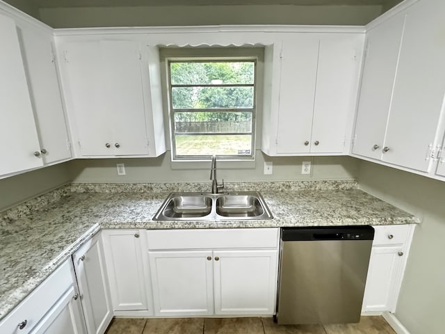 kitchen with stainless steel dishwasher, a sink, and white cabinets