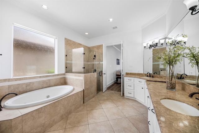 13614 Boerne Canyon Ln, Cypress, TX 77429 - full bath with a stall shower, a bath, crown molding, double vanity, and tile patterned floors