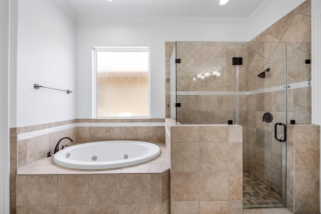 13614 Boerne Canyon Ln, Cypress, TX 77429 - full bath featuring a jetted tub, a stall shower, and ornamental molding
